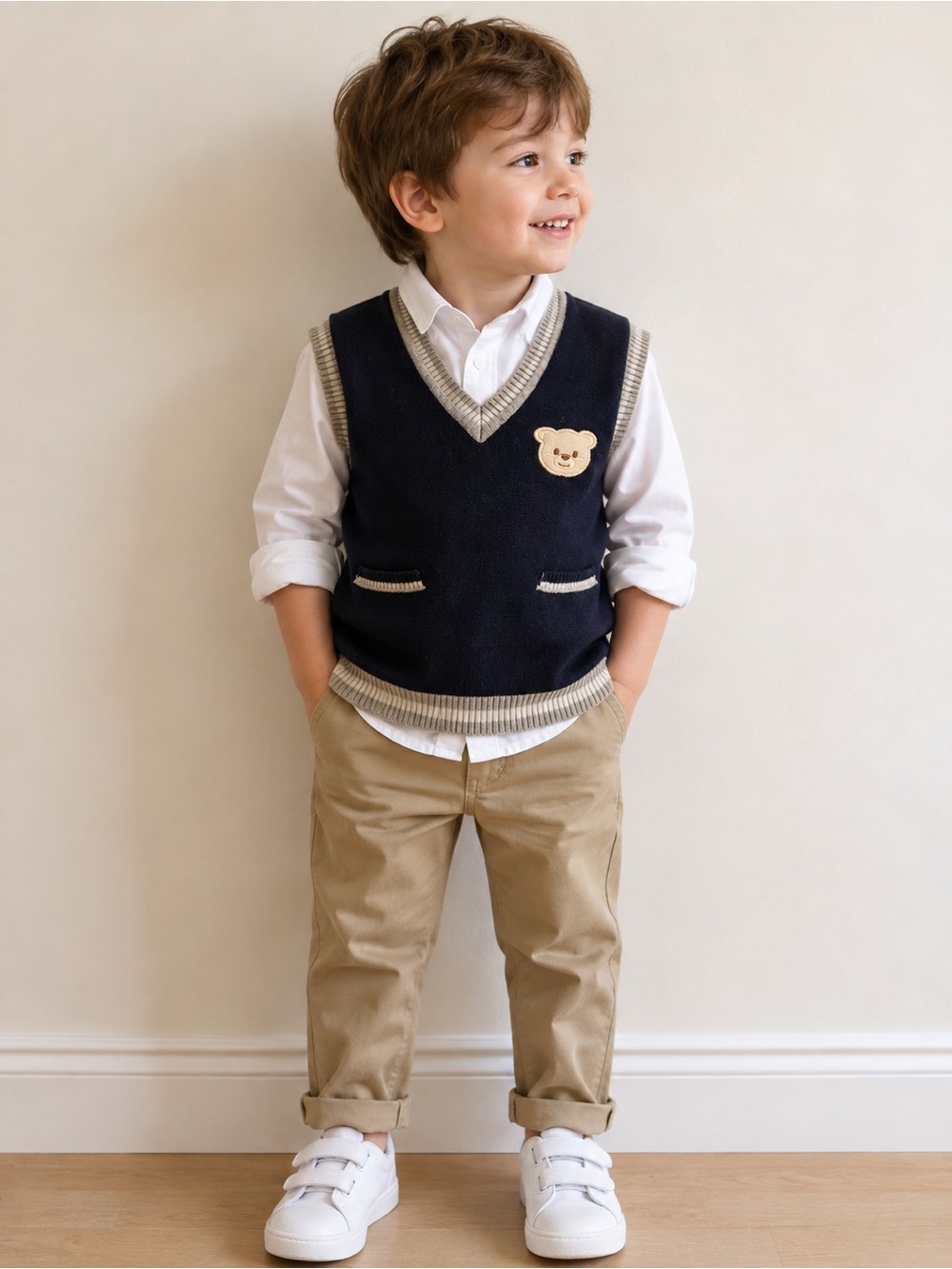 Kids Navy Blue Teddy Bear Knit Sweater Vest Gray Trim